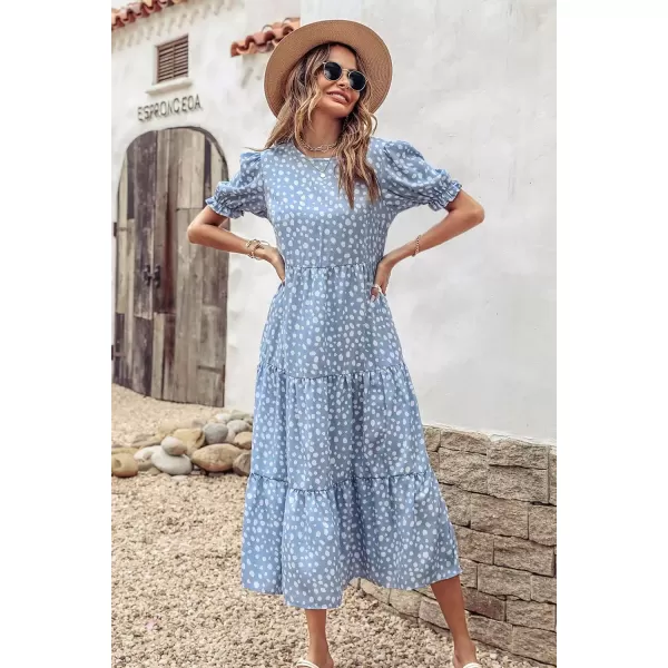 imagePRETTYGARDEN Womens Summer Casual Boho Dress Floral Print Ruffle Puff Sleeve High Waist Midi Beach DressesBlue