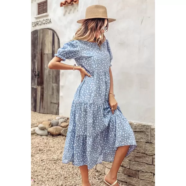imagePRETTYGARDEN Womens Summer Casual Boho Dress Floral Print Ruffle Puff Sleeve High Waist Midi Beach DressesBlue