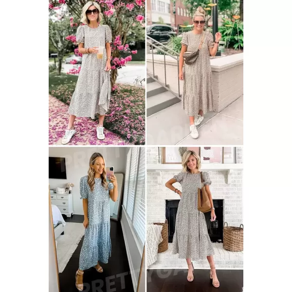 imagePRETTYGARDEN Womens Summer Casual Boho Dress Floral Print Ruffle Puff Sleeve High Waist Midi Beach DressesBlue Apricot