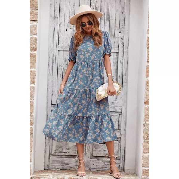 imagePRETTYGARDEN Womens Summer Casual Boho Dress Floral Print Ruffle Puff Sleeve High Waist Midi Beach DressesBlue Apricot