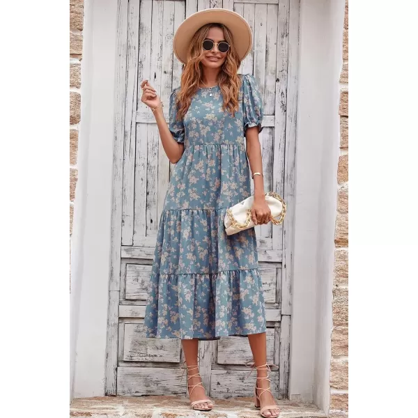 imagePRETTYGARDEN Womens Summer Casual Boho Dress Floral Print Ruffle Puff Sleeve High Waist Midi Beach DressesBlue Apricot