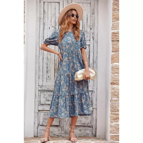 imagePRETTYGARDEN Womens Summer Casual Boho Dress Floral Print Ruffle Puff Sleeve High Waist Midi Beach DressesBlue Apricot