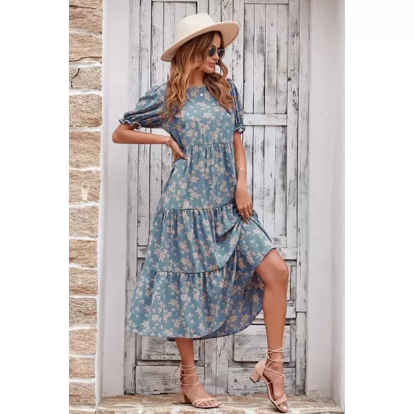 imagePRETTYGARDEN Womens Summer Casual Boho Dress Floral Print Ruffle Puff Sleeve High Waist Midi Beach DressesBlue Apricot