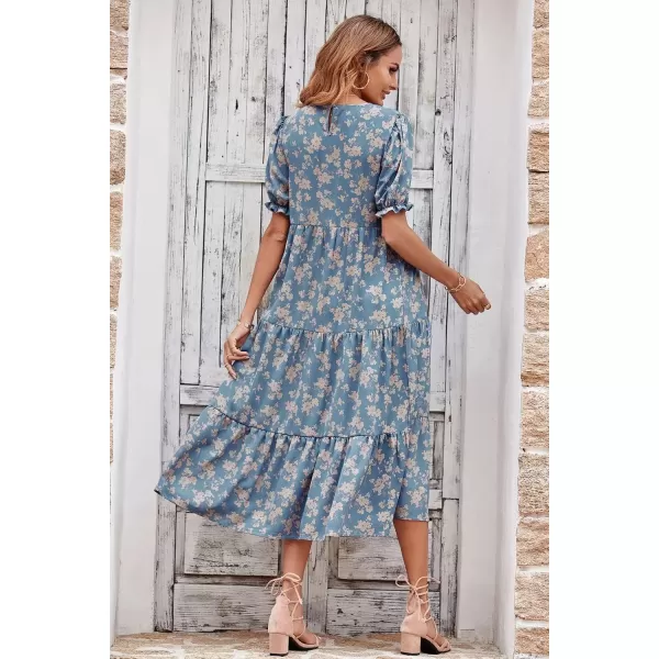 imagePRETTYGARDEN Womens Summer Casual Boho Dress Floral Print Ruffle Puff Sleeve High Waist Midi Beach DressesBlue Apricot