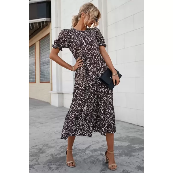 imagePRETTYGARDEN Womens Summer Casual Boho Dress Floral Print Ruffle Puff Sleeve High Waist Midi Beach DressesCoffee