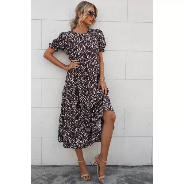 imagePRETTYGARDEN Womens Summer Casual Boho Dress Floral Print Ruffle Puff Sleeve High Waist Midi Beach DressesCoffee