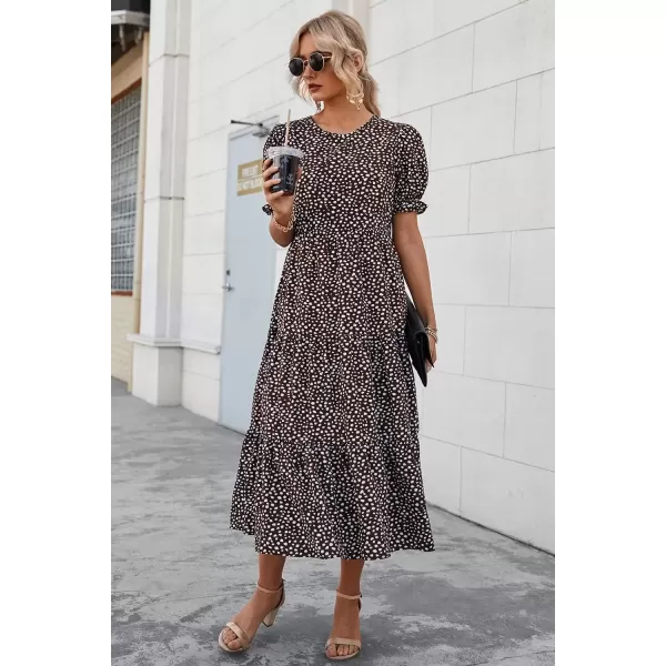 imagePRETTYGARDEN Womens Summer Casual Boho Dress Floral Print Ruffle Puff Sleeve High Waist Midi Beach DressesCoffee
