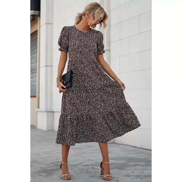 imagePRETTYGARDEN Womens Summer Casual Boho Dress Floral Print Ruffle Puff Sleeve High Waist Midi Beach DressesCoffee