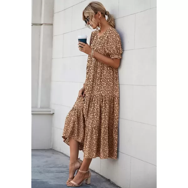 imagePRETTYGARDEN Womens Summer Casual Boho Dress Floral Print Ruffle Puff Sleeve High Waist Midi Beach DressesCoffee Apricot Leopard