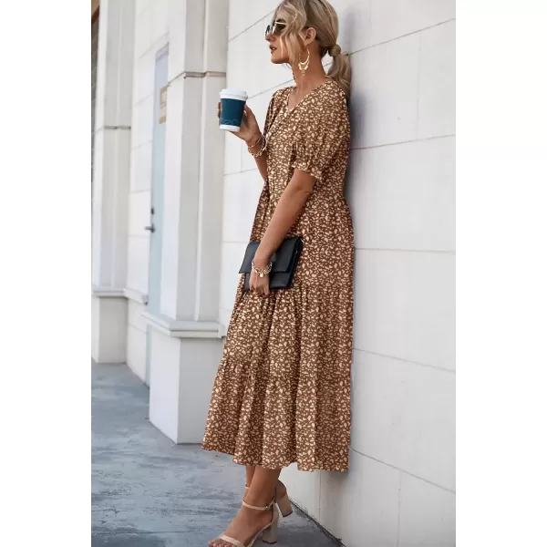 imagePRETTYGARDEN Womens Summer Casual Boho Dress Floral Print Ruffle Puff Sleeve High Waist Midi Beach DressesCoffee Apricot Leopard