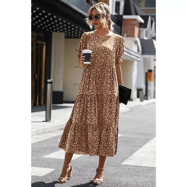 imagePRETTYGARDEN Womens Summer Casual Boho Dress Floral Print Ruffle Puff Sleeve High Waist Midi Beach DressesCoffee Apricot Leopard