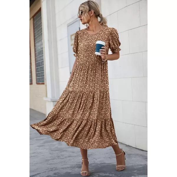 imagePRETTYGARDEN Womens Summer Casual Boho Dress Floral Print Ruffle Puff Sleeve High Waist Midi Beach DressesCoffee Apricot Leopard