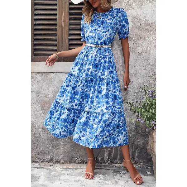 imagePRETTYGARDEN Womens Summer Casual Boho Dress Floral Print Ruffle Puff Sleeve High Waist Midi Beach DressesFloral Blue