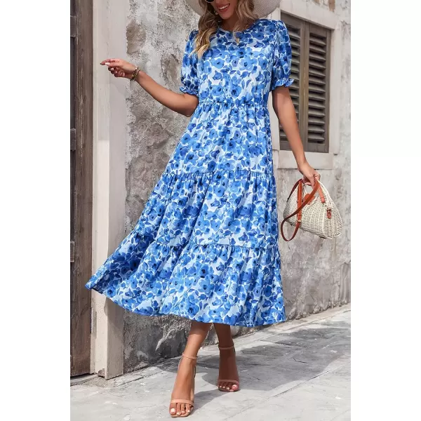 imagePRETTYGARDEN Womens Summer Casual Boho Dress Floral Print Ruffle Puff Sleeve High Waist Midi Beach DressesFloral Blue