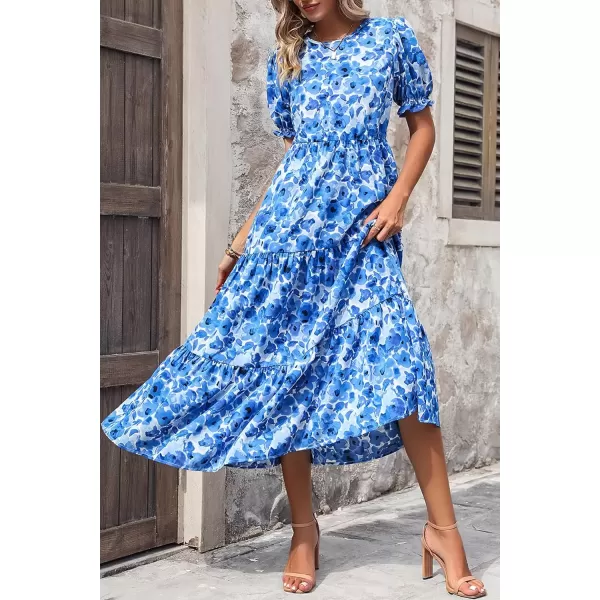 imagePRETTYGARDEN Womens Summer Casual Boho Dress Floral Print Ruffle Puff Sleeve High Waist Midi Beach DressesFloral Blue