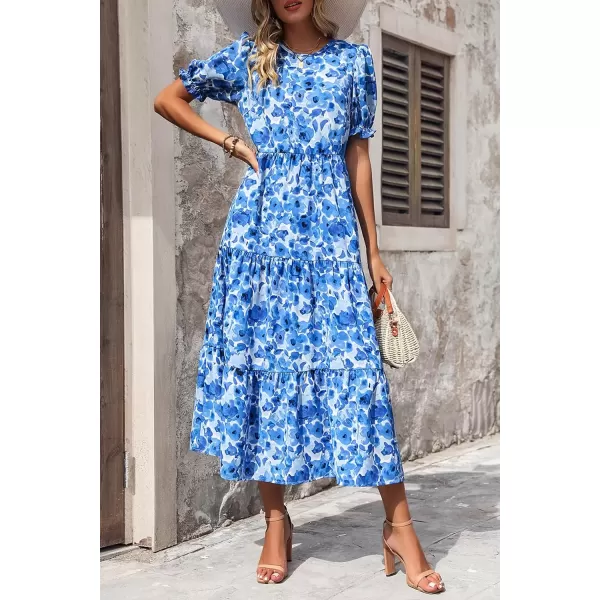 imagePRETTYGARDEN Womens Summer Casual Boho Dress Floral Print Ruffle Puff Sleeve High Waist Midi Beach DressesFloral Blue