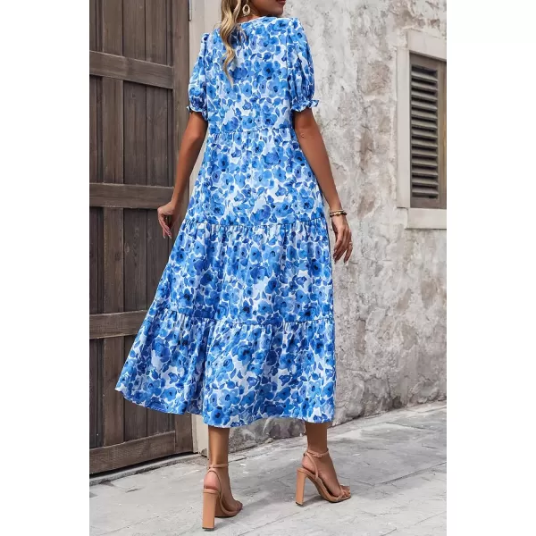 imagePRETTYGARDEN Womens Summer Casual Boho Dress Floral Print Ruffle Puff Sleeve High Waist Midi Beach DressesFloral Blue