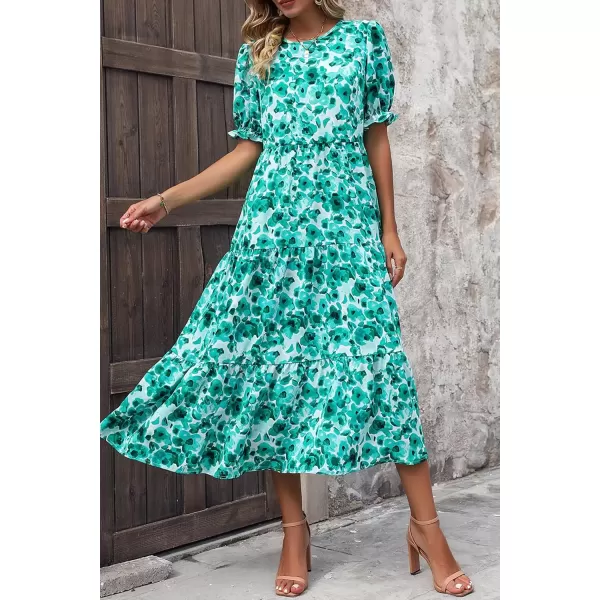 imagePRETTYGARDEN Womens Summer Casual Boho Dress Floral Print Ruffle Puff Sleeve High Waist Midi Beach DressesFloral Green