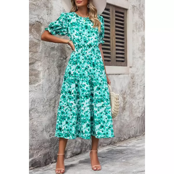 imagePRETTYGARDEN Womens Summer Casual Boho Dress Floral Print Ruffle Puff Sleeve High Waist Midi Beach DressesFloral Green