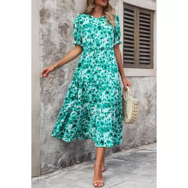 imagePRETTYGARDEN Womens Summer Casual Boho Dress Floral Print Ruffle Puff Sleeve High Waist Midi Beach DressesFloral Green
