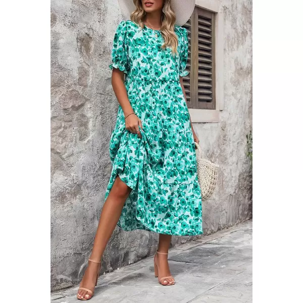 imagePRETTYGARDEN Womens Summer Casual Boho Dress Floral Print Ruffle Puff Sleeve High Waist Midi Beach DressesFloral Green