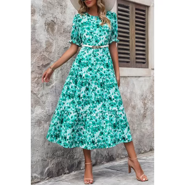 imagePRETTYGARDEN Womens Summer Casual Boho Dress Floral Print Ruffle Puff Sleeve High Waist Midi Beach DressesFloral Green
