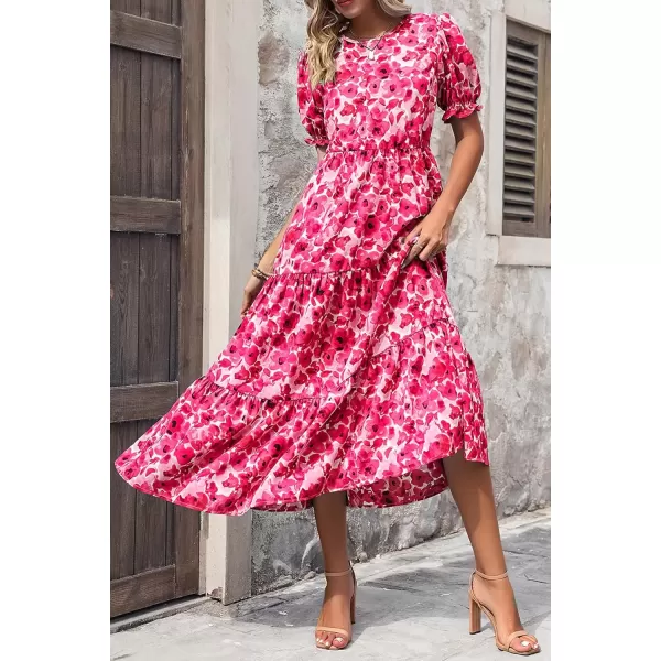 imagePRETTYGARDEN Womens Summer Casual Boho Dress Floral Print Ruffle Puff Sleeve High Waist Midi Beach DressesFloral Rose Red