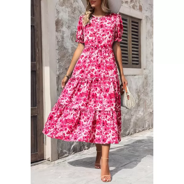 imagePRETTYGARDEN Womens Summer Casual Boho Dress Floral Print Ruffle Puff Sleeve High Waist Midi Beach DressesFloral Rose Red