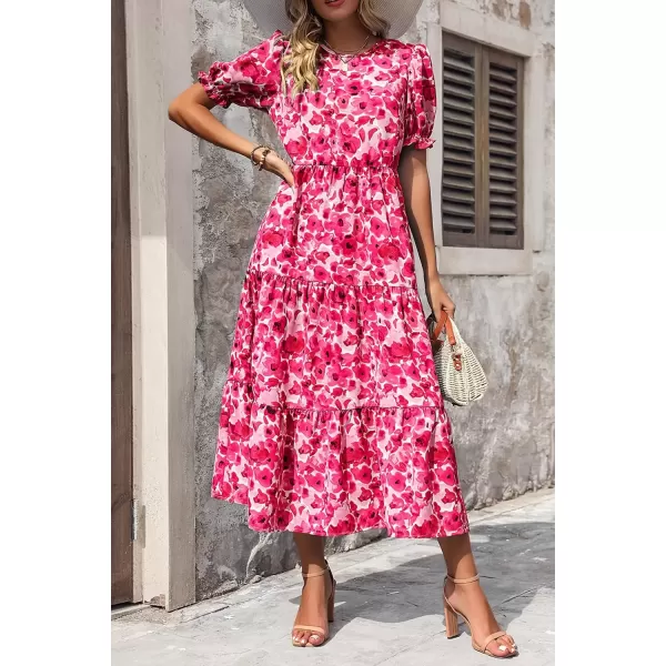 imagePRETTYGARDEN Womens Summer Casual Boho Dress Floral Print Ruffle Puff Sleeve High Waist Midi Beach DressesFloral Rose Red
