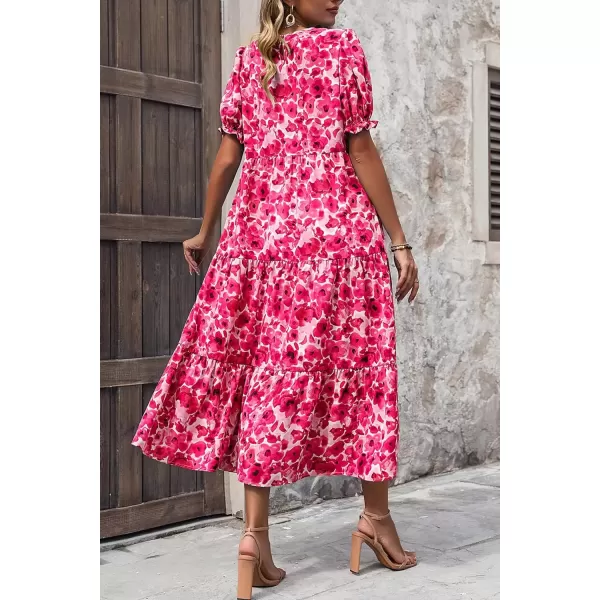 imagePRETTYGARDEN Womens Summer Casual Boho Dress Floral Print Ruffle Puff Sleeve High Waist Midi Beach DressesFloral Rose Red