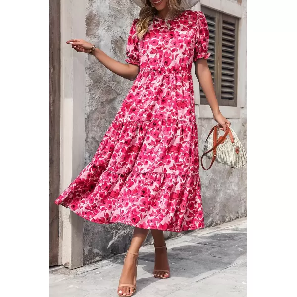 imagePRETTYGARDEN Womens Summer Casual Boho Dress Floral Print Ruffle Puff Sleeve High Waist Midi Beach DressesFloral Rose Red