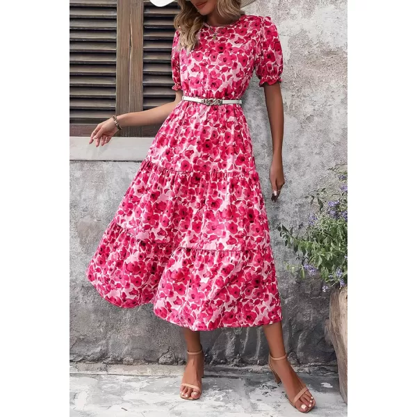 imagePRETTYGARDEN Womens Summer Casual Boho Dress Floral Print Ruffle Puff Sleeve High Waist Midi Beach DressesFloral Rose Red