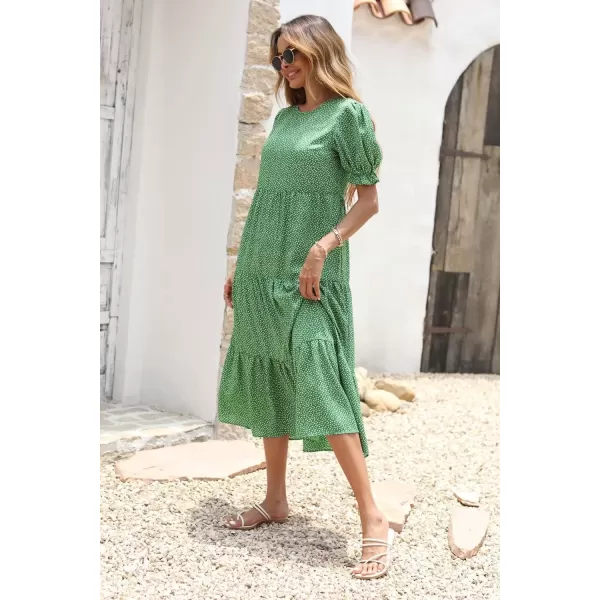 imagePRETTYGARDEN Womens Summer Casual Boho Dress Floral Print Ruffle Puff Sleeve High Waist Midi Beach DressesGreen