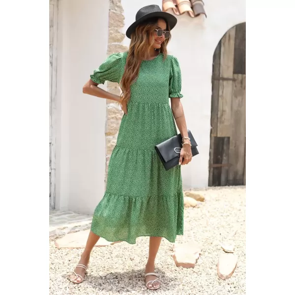 imagePRETTYGARDEN Womens Summer Casual Boho Dress Floral Print Ruffle Puff Sleeve High Waist Midi Beach DressesGreen