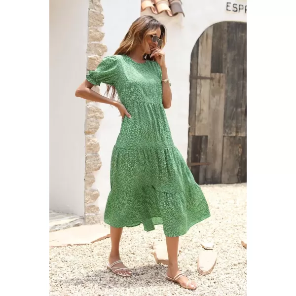 imagePRETTYGARDEN Womens Summer Casual Boho Dress Floral Print Ruffle Puff Sleeve High Waist Midi Beach DressesGreen