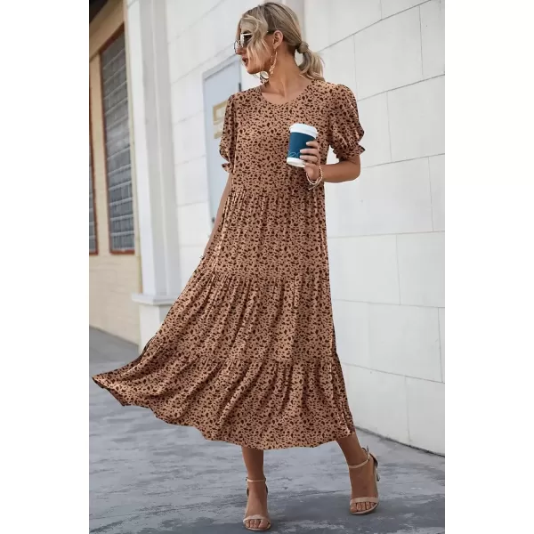 imagePRETTYGARDEN Womens Summer Casual Boho Dress Floral Print Ruffle Puff Sleeve High Waist Midi Beach DressesKhaki Black Leopard