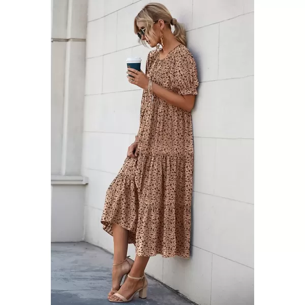 imagePRETTYGARDEN Womens Summer Casual Boho Dress Floral Print Ruffle Puff Sleeve High Waist Midi Beach DressesKhaki Black Leopard