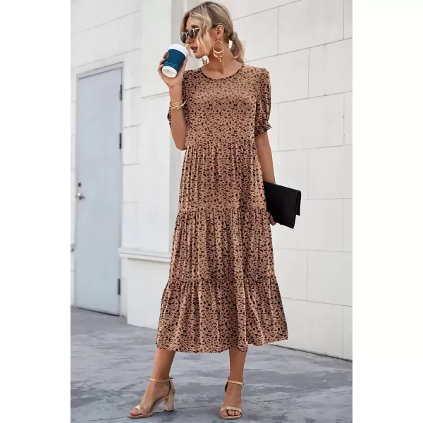 imagePRETTYGARDEN Womens Summer Casual Boho Dress Floral Print Ruffle Puff Sleeve High Waist Midi Beach DressesKhaki Black Leopard