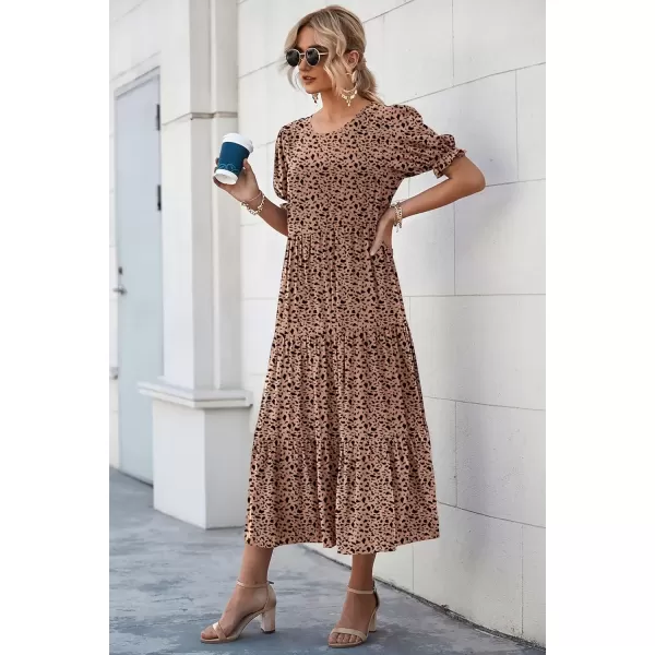 imagePRETTYGARDEN Womens Summer Casual Boho Dress Floral Print Ruffle Puff Sleeve High Waist Midi Beach DressesKhaki Black Leopard