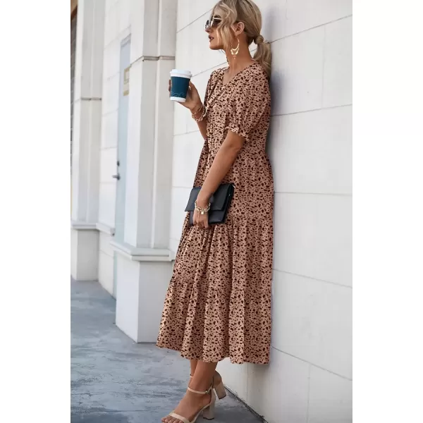 imagePRETTYGARDEN Womens Summer Casual Boho Dress Floral Print Ruffle Puff Sleeve High Waist Midi Beach DressesKhaki Black Leopard