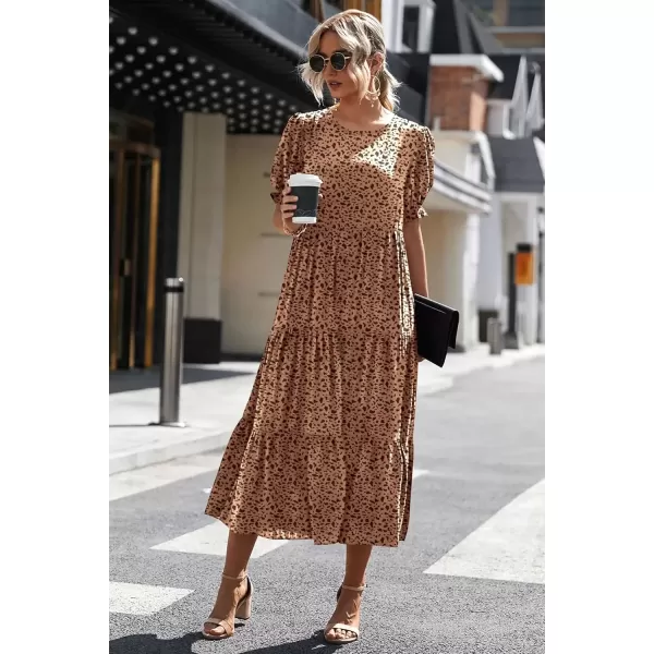 imagePRETTYGARDEN Womens Summer Casual Boho Dress Floral Print Ruffle Puff Sleeve High Waist Midi Beach DressesKhaki Black Leopard