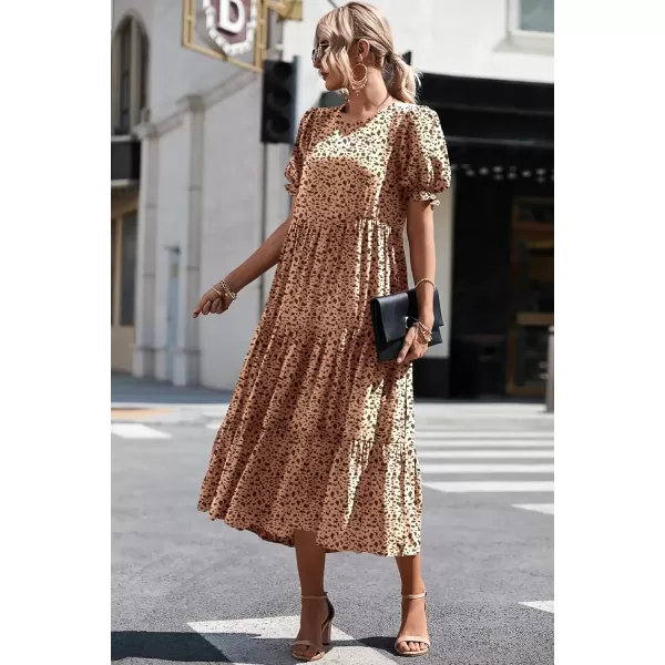 imagePRETTYGARDEN Womens Summer Casual Boho Dress Floral Print Ruffle Puff Sleeve High Waist Midi Beach DressesKhaki Black Leopard