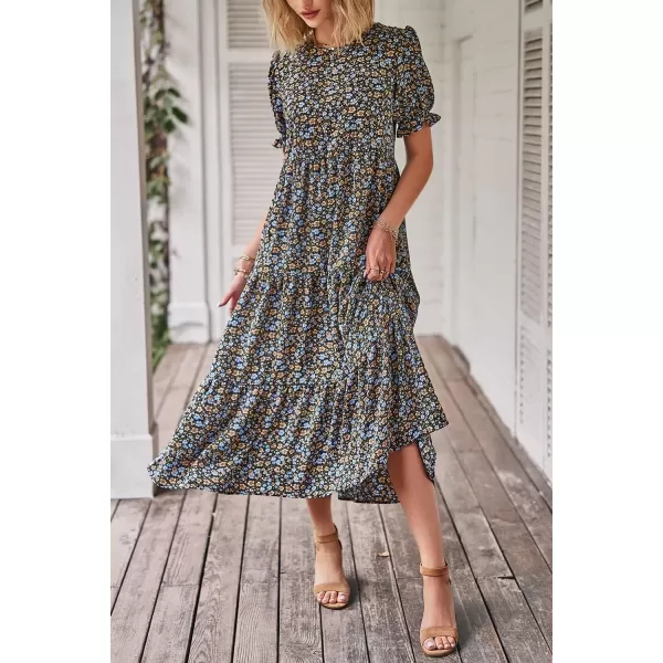 imagePRETTYGARDEN Womens Summer Casual Boho Dress Floral Print Ruffle Puff Sleeve High Waist Midi Beach DressesNavy Floral