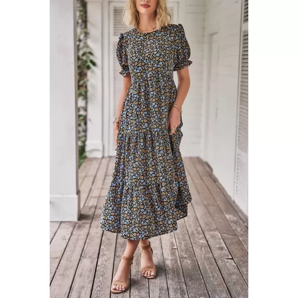 imagePRETTYGARDEN Womens Summer Casual Boho Dress Floral Print Ruffle Puff Sleeve High Waist Midi Beach DressesNavy Floral