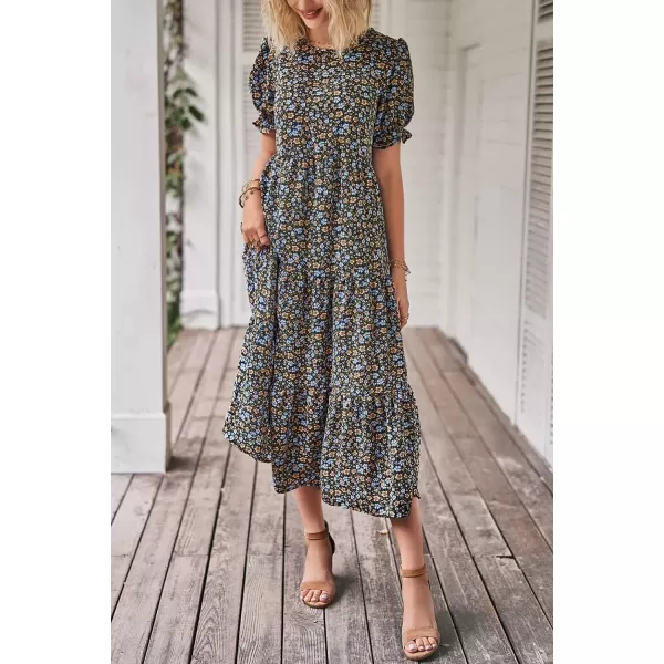 imagePRETTYGARDEN Womens Summer Casual Boho Dress Floral Print Ruffle Puff Sleeve High Waist Midi Beach DressesNavy Floral