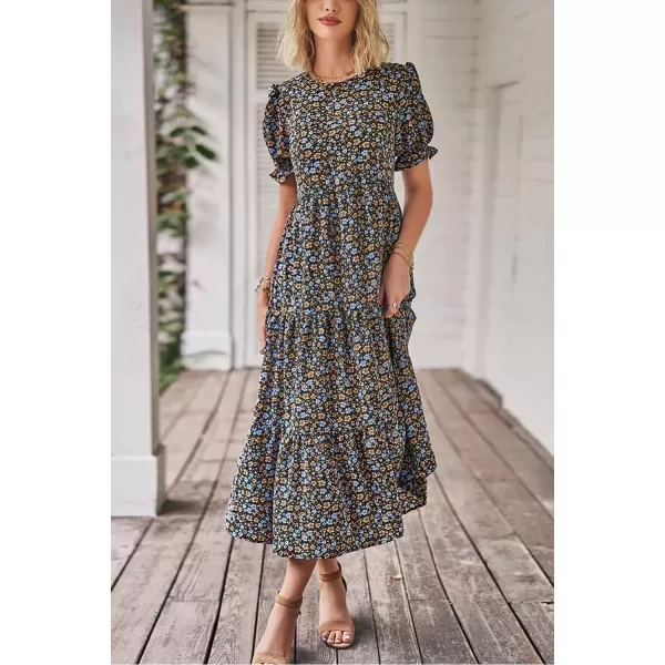 imagePRETTYGARDEN Womens Summer Casual Boho Dress Floral Print Ruffle Puff Sleeve High Waist Midi Beach DressesNavy Floral