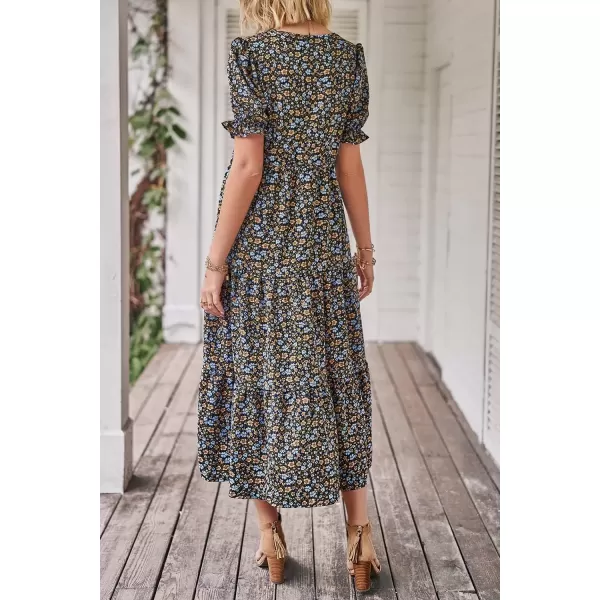 imagePRETTYGARDEN Womens Summer Casual Boho Dress Floral Print Ruffle Puff Sleeve High Waist Midi Beach DressesNavy Floral