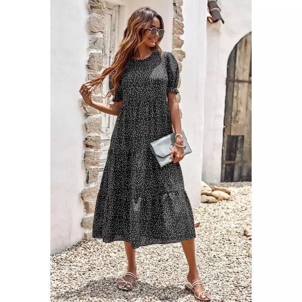 imagePRETTYGARDEN Womens Summer Casual Boho Dress Floral Print Ruffle Puff Sleeve High Waist Midi Beach DressesPolk Black