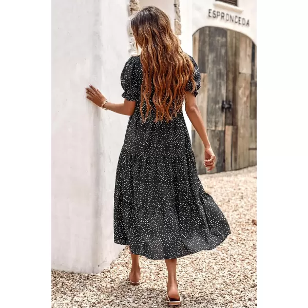 imagePRETTYGARDEN Womens Summer Casual Boho Dress Floral Print Ruffle Puff Sleeve High Waist Midi Beach DressesPolk Black