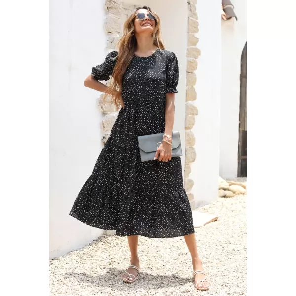 imagePRETTYGARDEN Womens Summer Casual Boho Dress Floral Print Ruffle Puff Sleeve High Waist Midi Beach DressesPolk Black